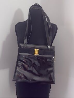 Salvatore Ferragamo Black Patent Shoulder Bag with Gold Bow Accent Project bag